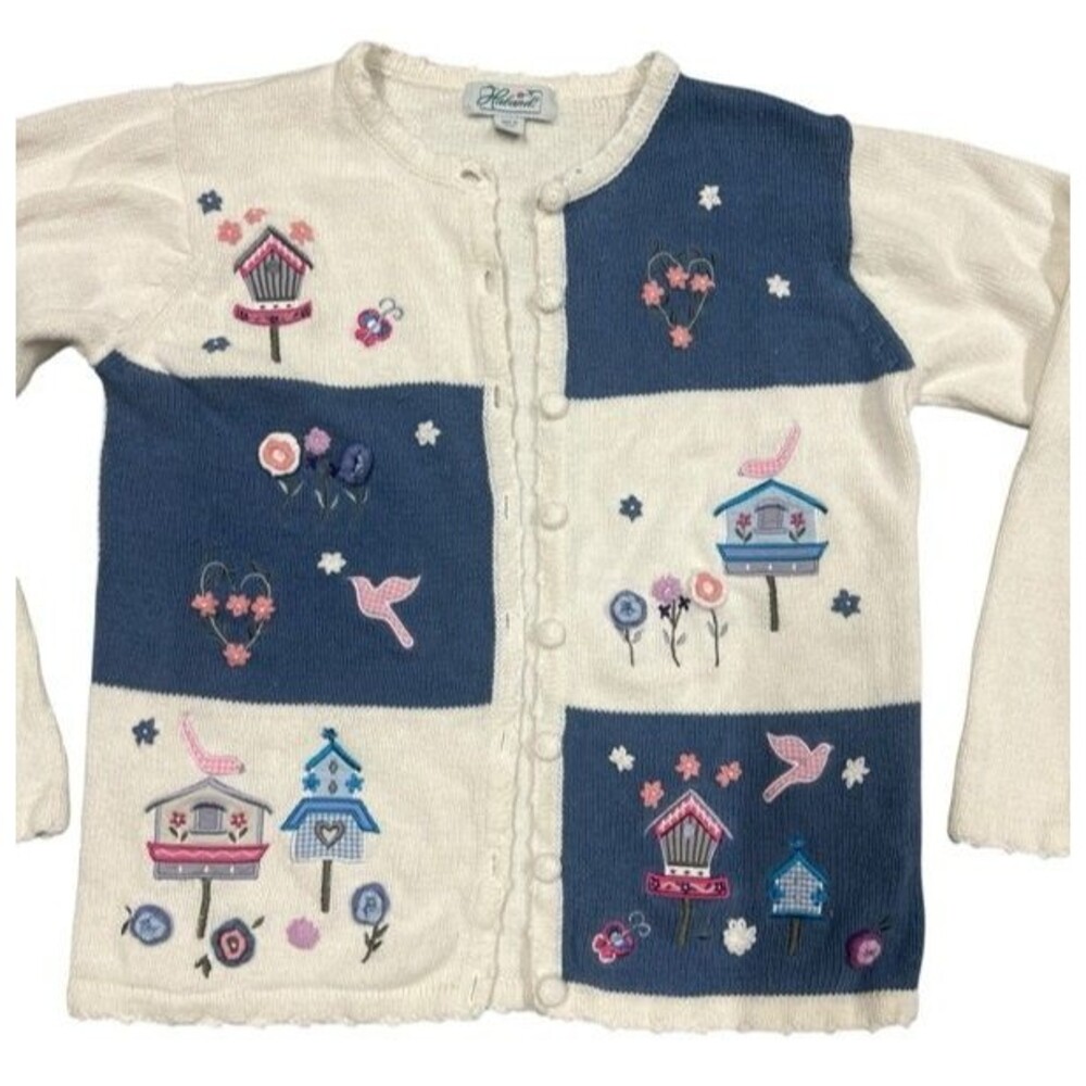 Vintage Haband Embroidered Floral Birds Button Up Cardigan Sweater Size Medium - Picture 2 of 7